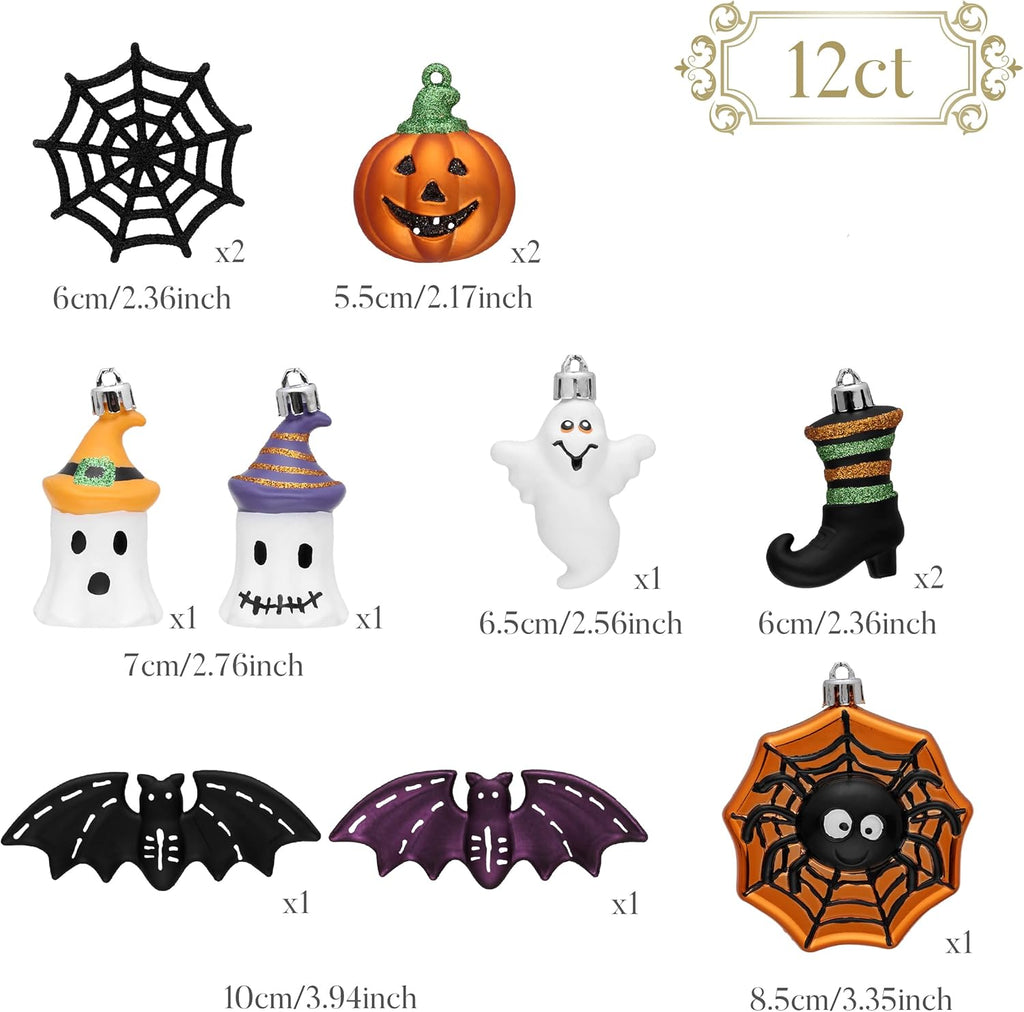 Halloween Glass Hanging Ornament Set (12pcs) · Pumpkin / Ghost / Bat / Spider Decorations
