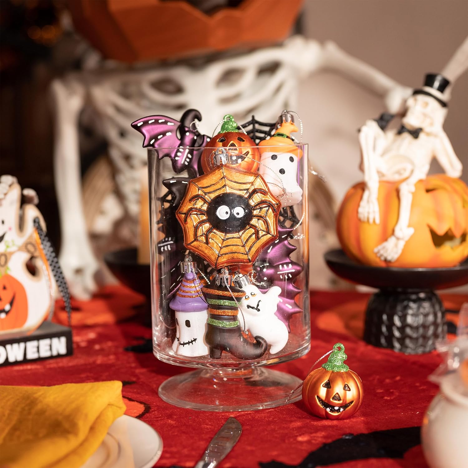 Halloween Glass Hanging Ornament Set (12pcs) · Pumpkin / Ghost / Bat / Spider Decorations