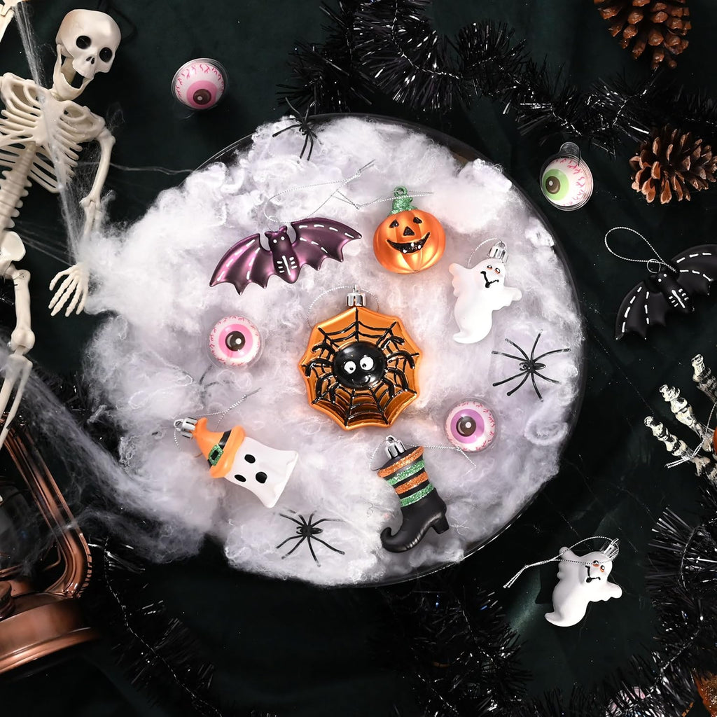 Halloween Glass Hanging Ornament Set (12pcs) · Pumpkin / Ghost / Bat / Spider Decorations