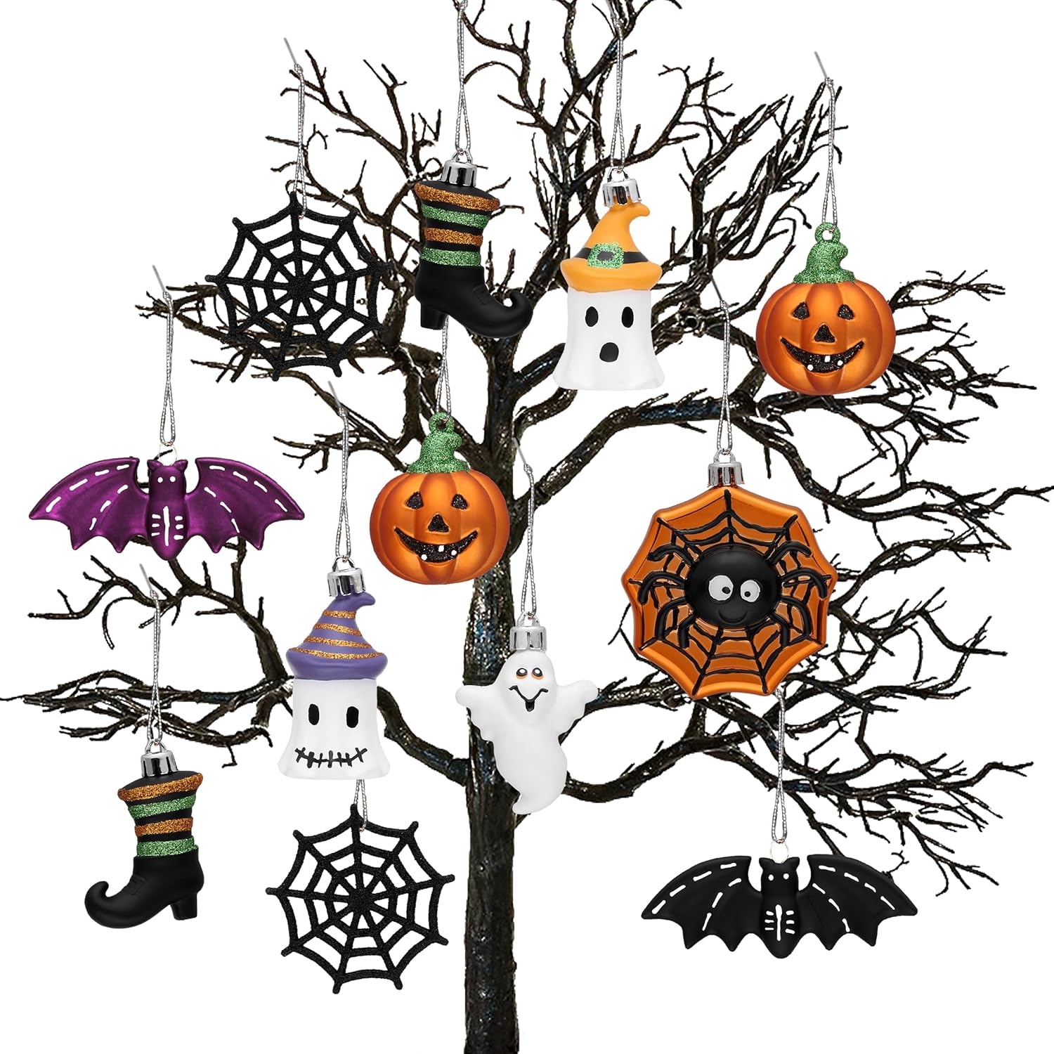 Halloween Glass Hanging Ornament Set (12pcs) · Pumpkin / Ghost / Bat / Spider Decorations